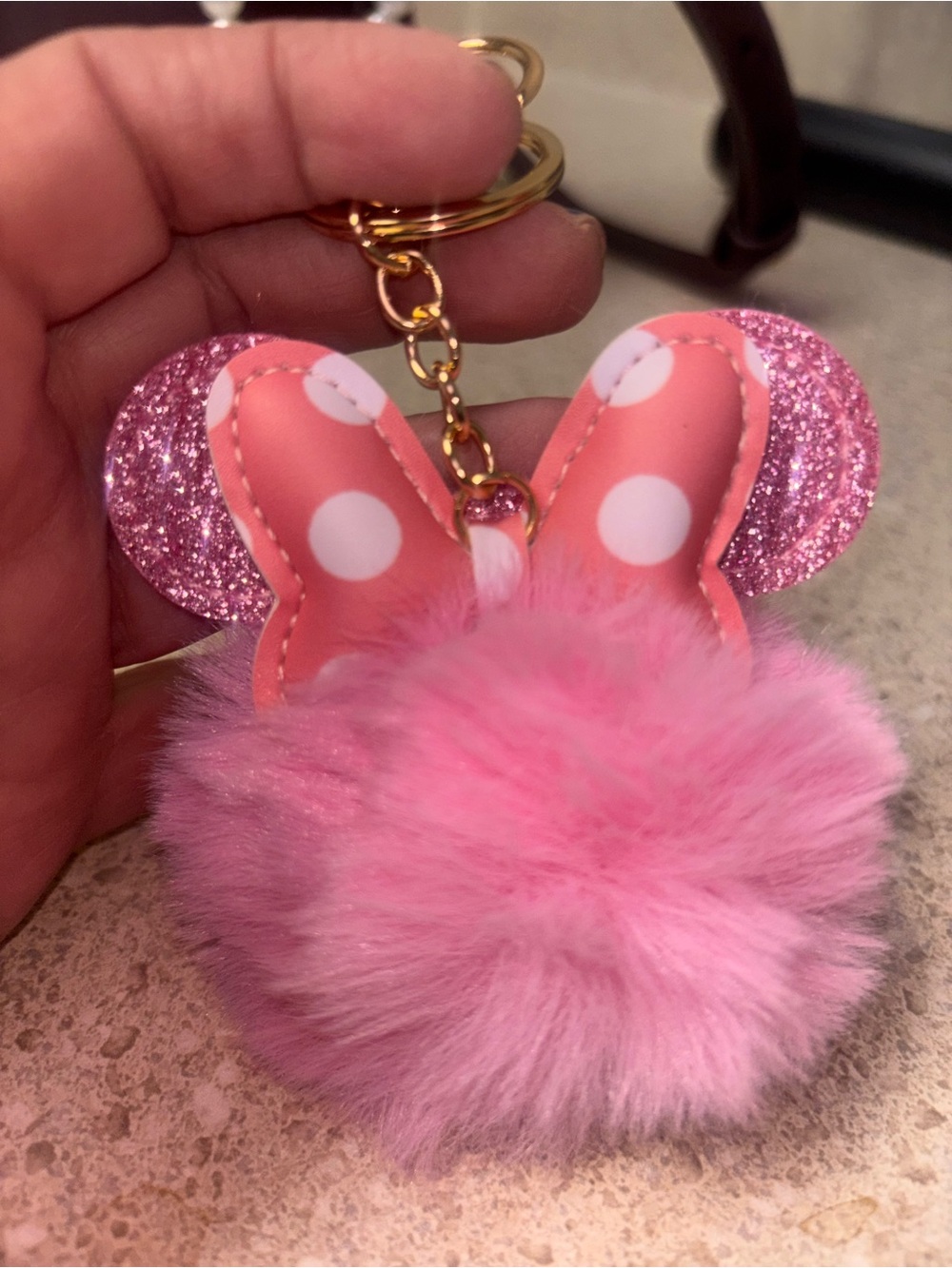 Pink Polka Dot Mouse Ear Faux Fur Pom Pom Keychain Bag Charm